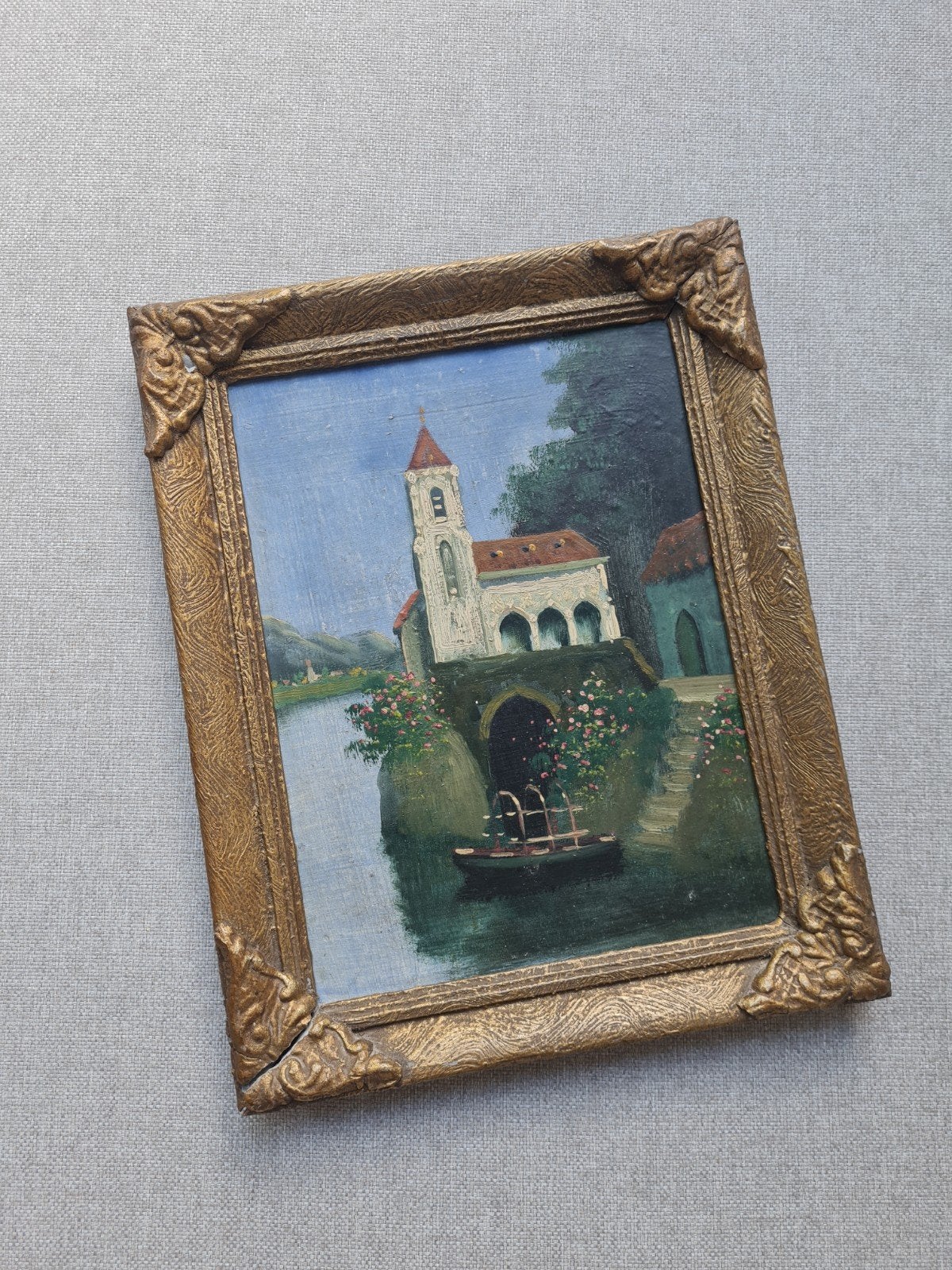 Oud Hollands schilderij: Kerk aan het water met bootje, Paneel, Bijzondere lijst, Oud hollands, Ophalen of Verzenden