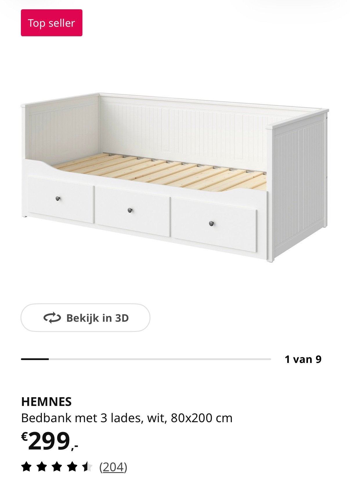 Ikea hemnes bedbank uitschuifbaar 80x200, Ophalen, Wit, Tweepersoons, Zo goed als nieuw