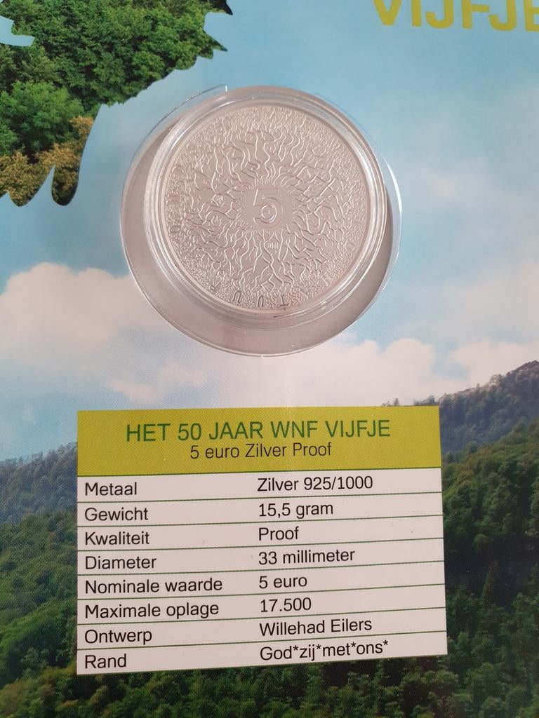 Zilveren 5 Euro WNF Vijfje - Proof Kwaliteit, Ophalen of Verzenden