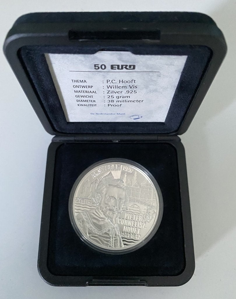 Zilveren 50 Euro P.C. Hooft 1997 – Proof + Certificaat, Ophalen of Verzenden, Zilver, Nederland