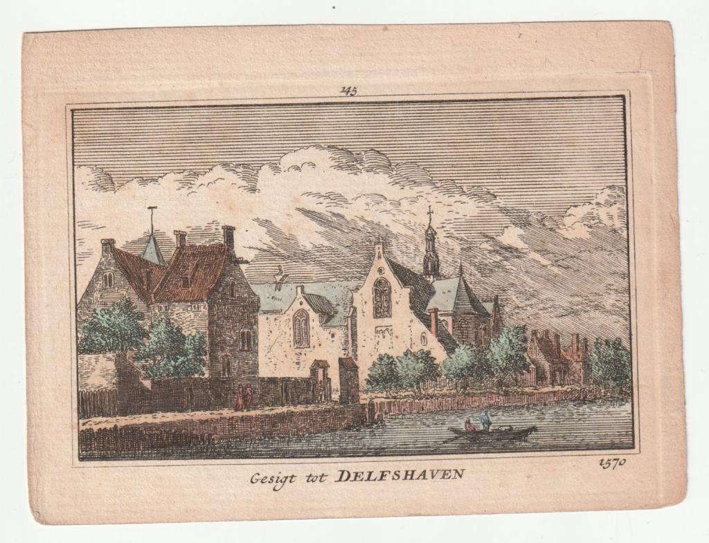 Gesigt tot Delfshaven ingekleurde kleine garvure, Verzenden, Stadsgezicht, Handgekleurd, Gravure