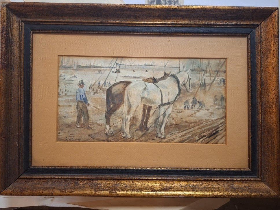 Aquarel werkpaarden gesigneerd naar Breitner, Ophalen of Verzenden, Aquarel, Dieren, Impressionistisch