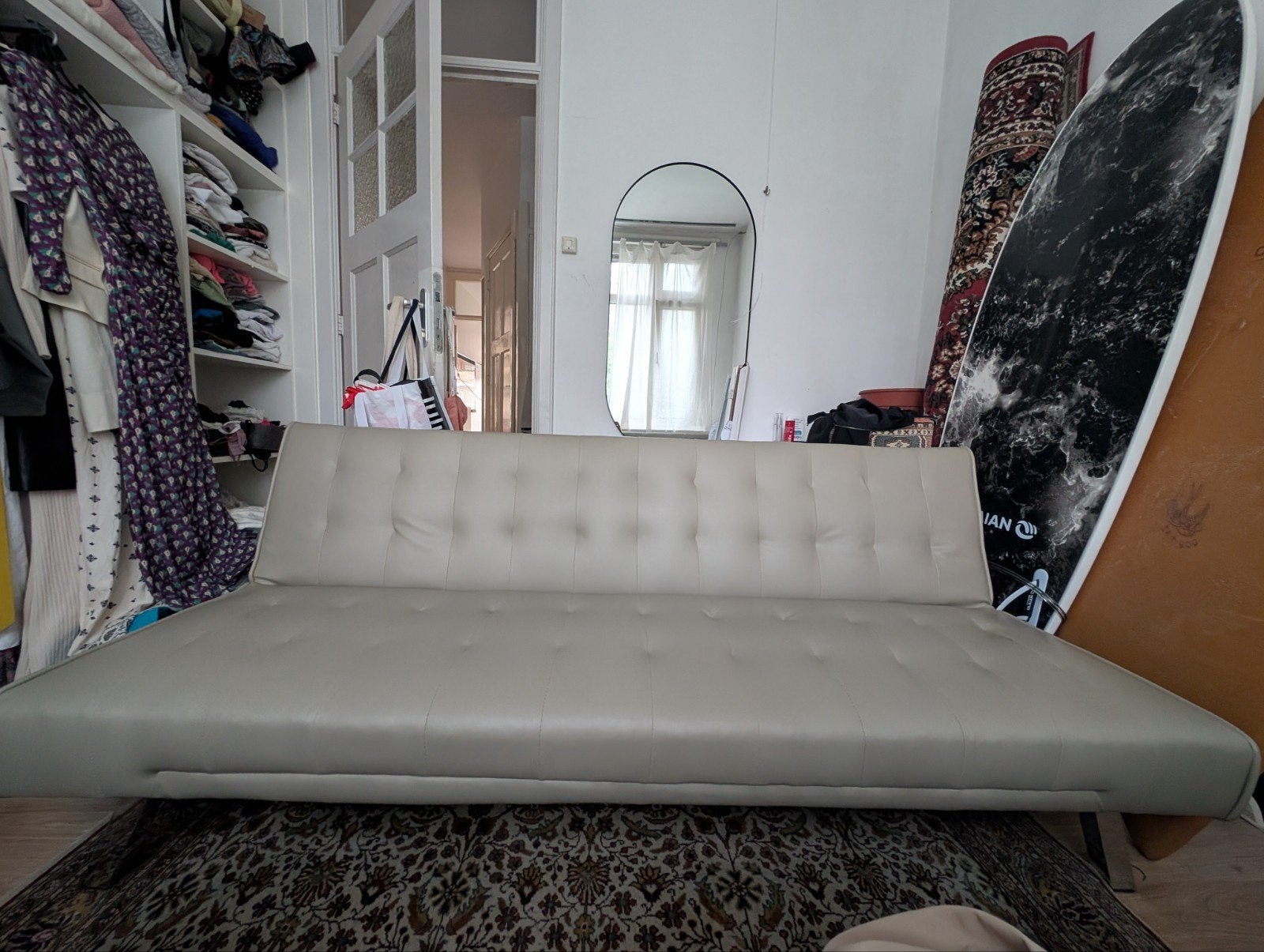 Stijlvolle beige slaapbank - 90x175cm slaap, 45x175cm zit, Ophalen, Gebruikt, 90 cm, Eenpersoons