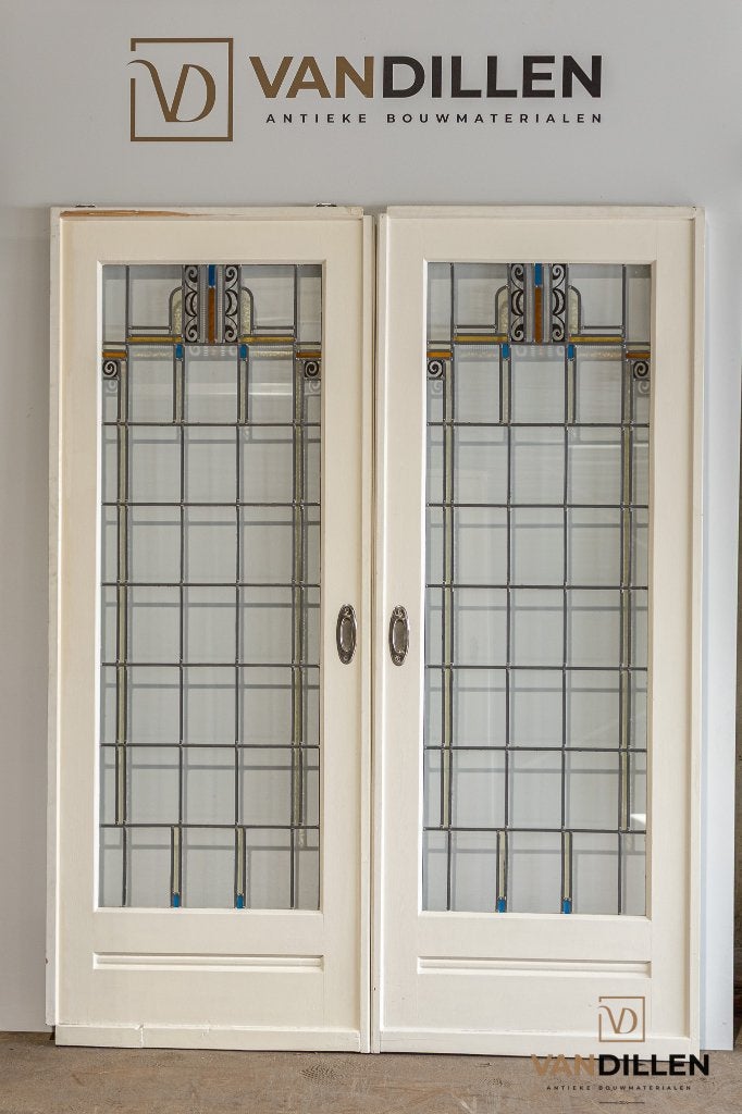 Antieke ensuite schuifdeuren glas in lood met motief, 120 cm of meer, Binnendeur, Ophalen of Verzenden, 200 tot 215 cm