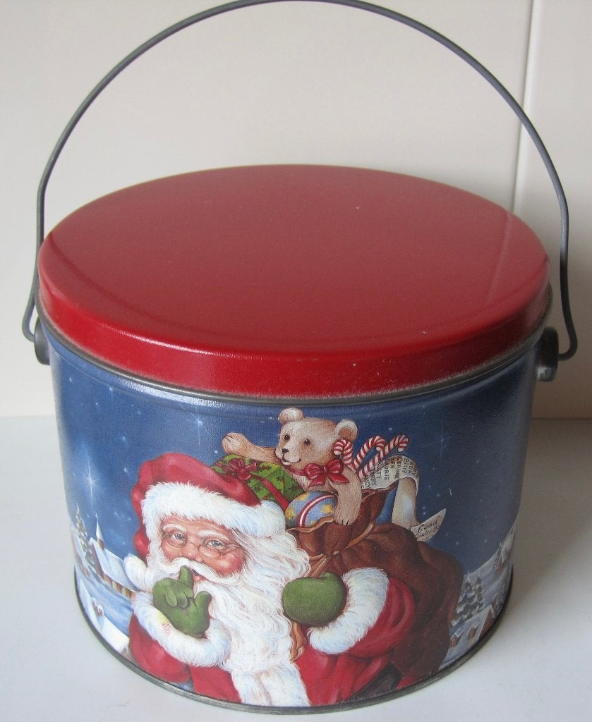 rond blik met hengsel - kerstman met zak cadeautjes, Ophalen of Verzenden, Zo goed als nieuw, Overige