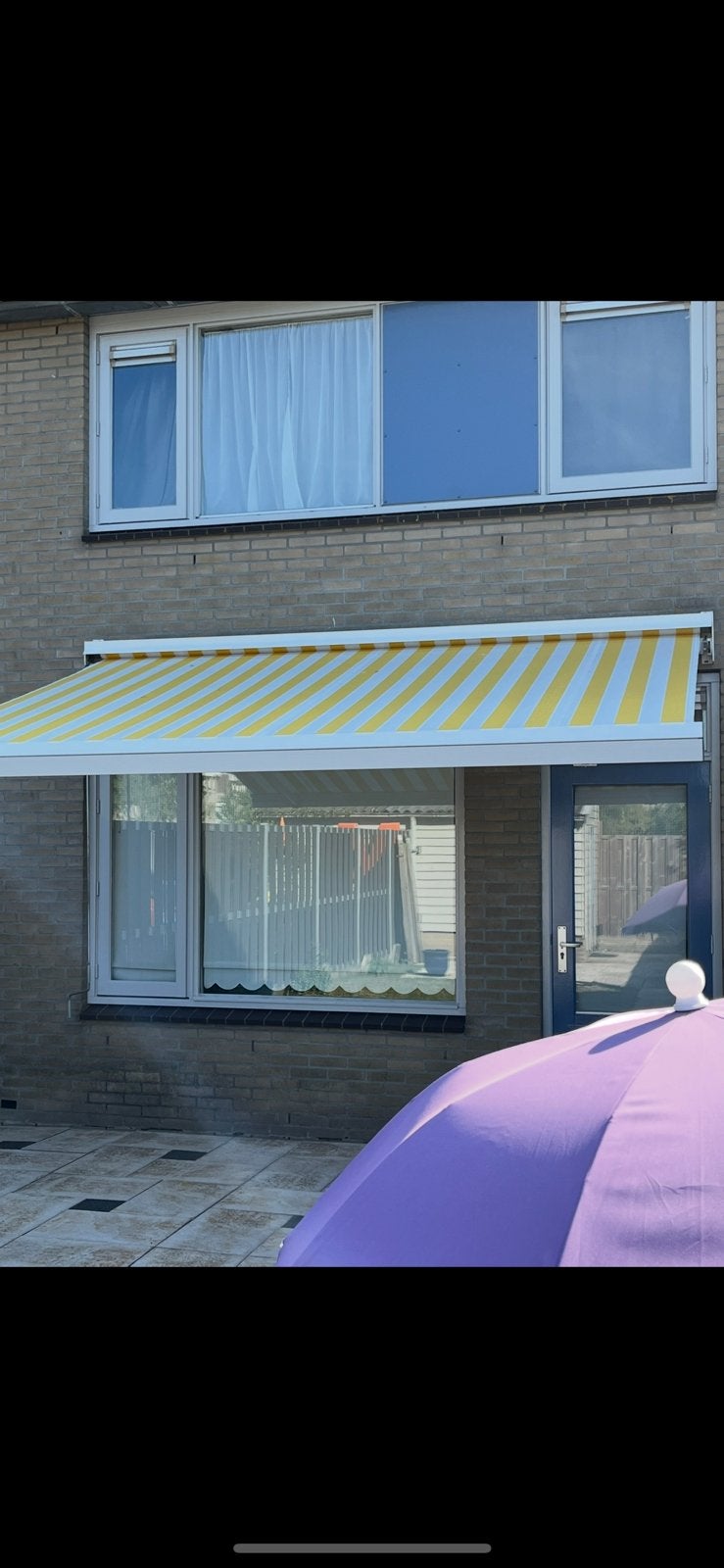Knikarm Zonnescherm geel/wit breed 3.50 m X 2.50 m uitval, Ophalen, Gebruikt, 150 tot 300 cm, 250 cm tot 450 cm