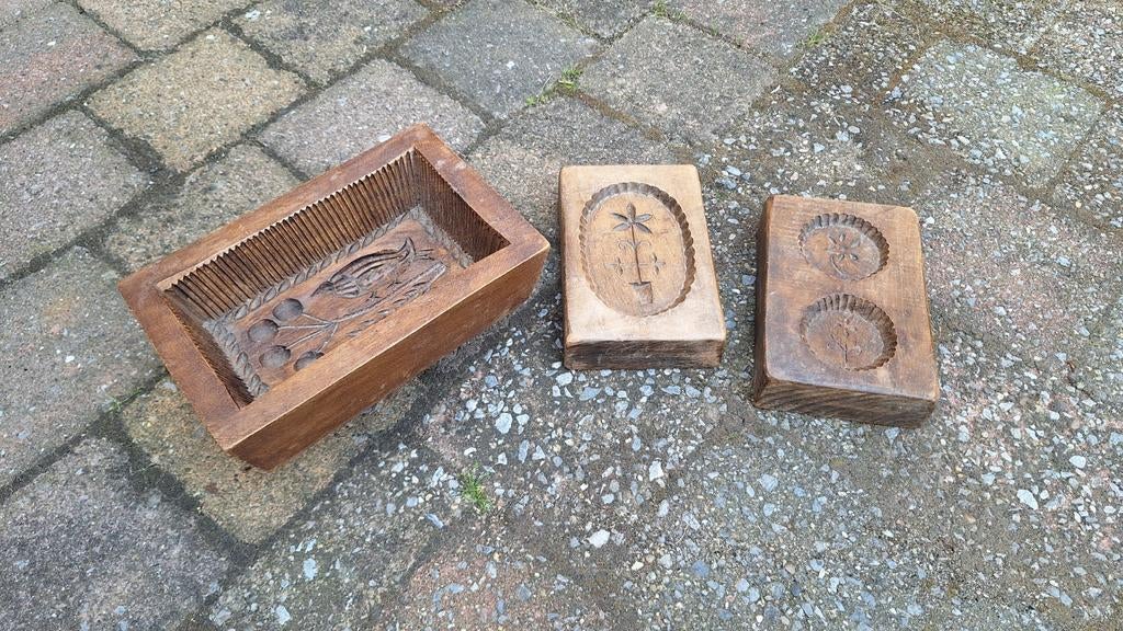 3 oude houten botervorm, en mallen, Ophalen of Verzenden