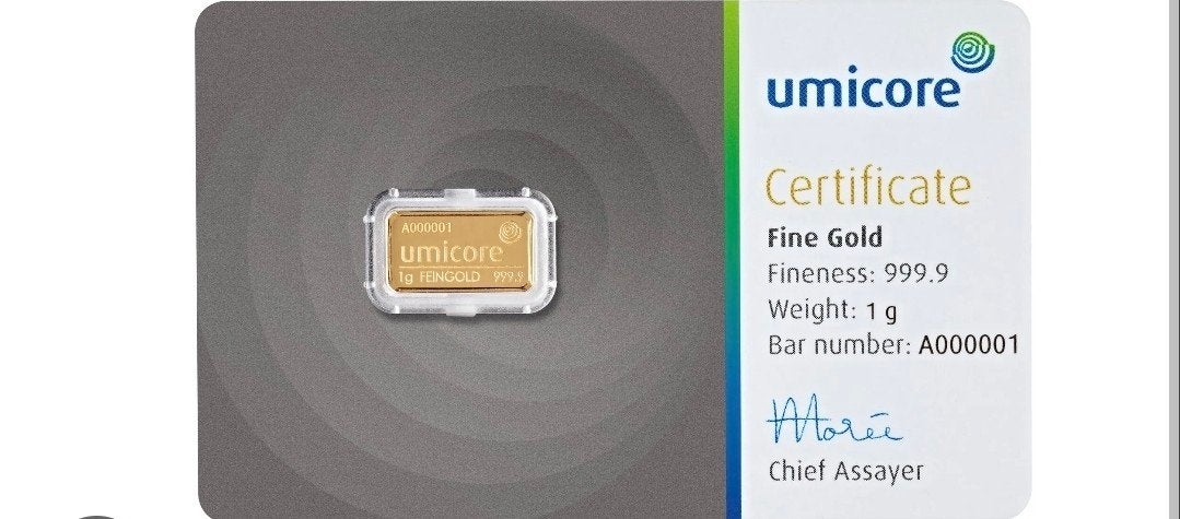 Goudbaar umicore 1 gram (4 stuks aanwezig), Ophalen of Verzenden, Overige typen