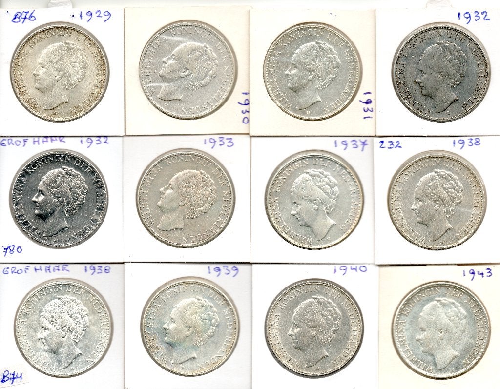 WILHELMINA SET RIJKSDAALDERS 1929 T/M 1943 ZILVER 12 STUKS, Setje, Zilver, Ophalen of Verzenden, Koningin Wilhelmina