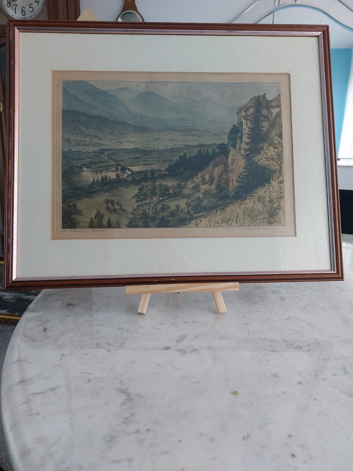 Oude ingelijste ets van een berglandschap, 1925, Antiek en Kunst, Kunst | Etsen en Gravures, Ophalen, Ingelijst, Ets, Landschap