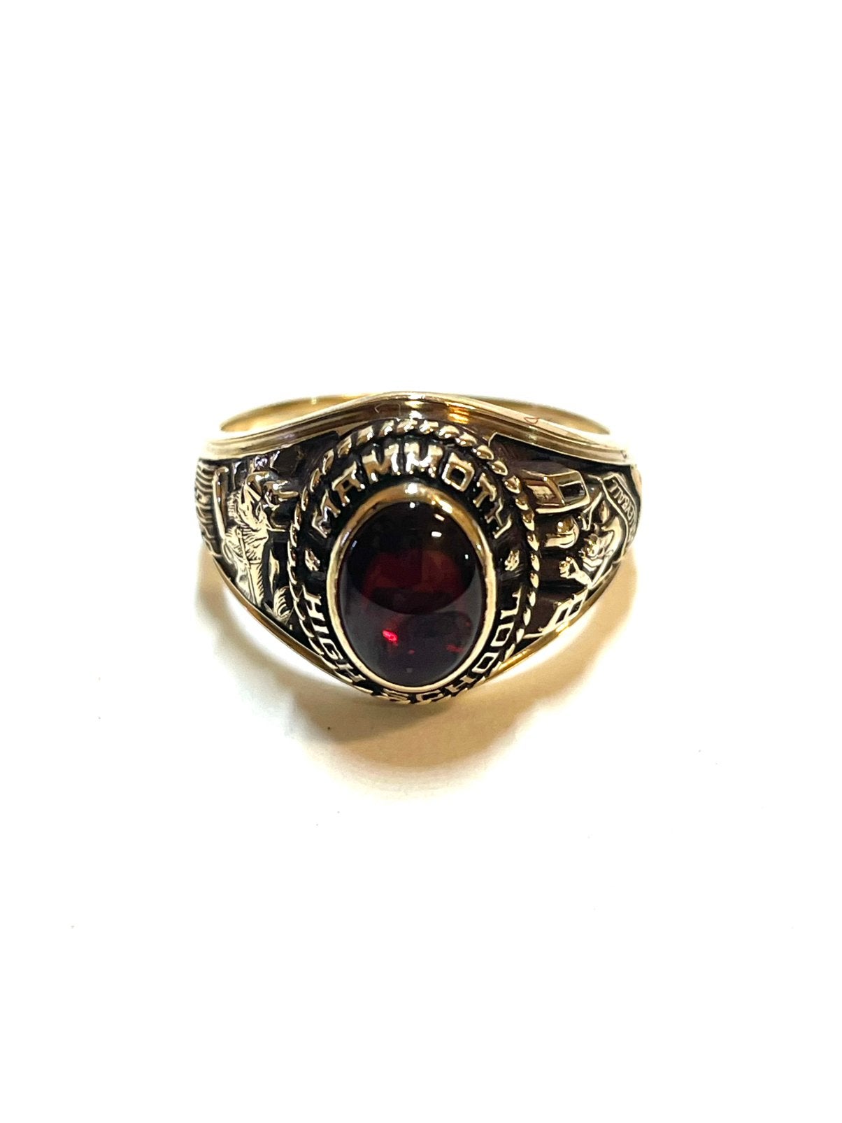 10k gouden college ring met een granaatsteen, 18 tot 19, -, -, Ophalen of Verzenden