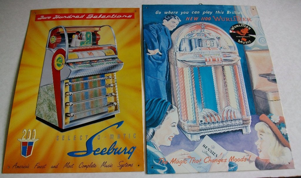 2 blikken reclameborden jukeboxen Seeburg en Wurlitzer, Verzamelen, Ophalen of Verzenden, Gebruikt, Reclamebord