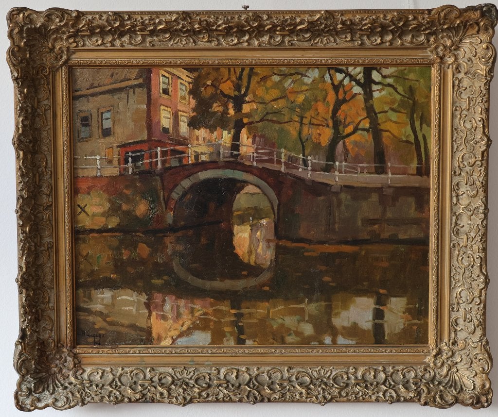 Ben Viegers schilderij, stadsgezicht Delft olieverf linnen, Doek, Impressionistisch, Ophalen of Verzenden, Bijzondere lijst