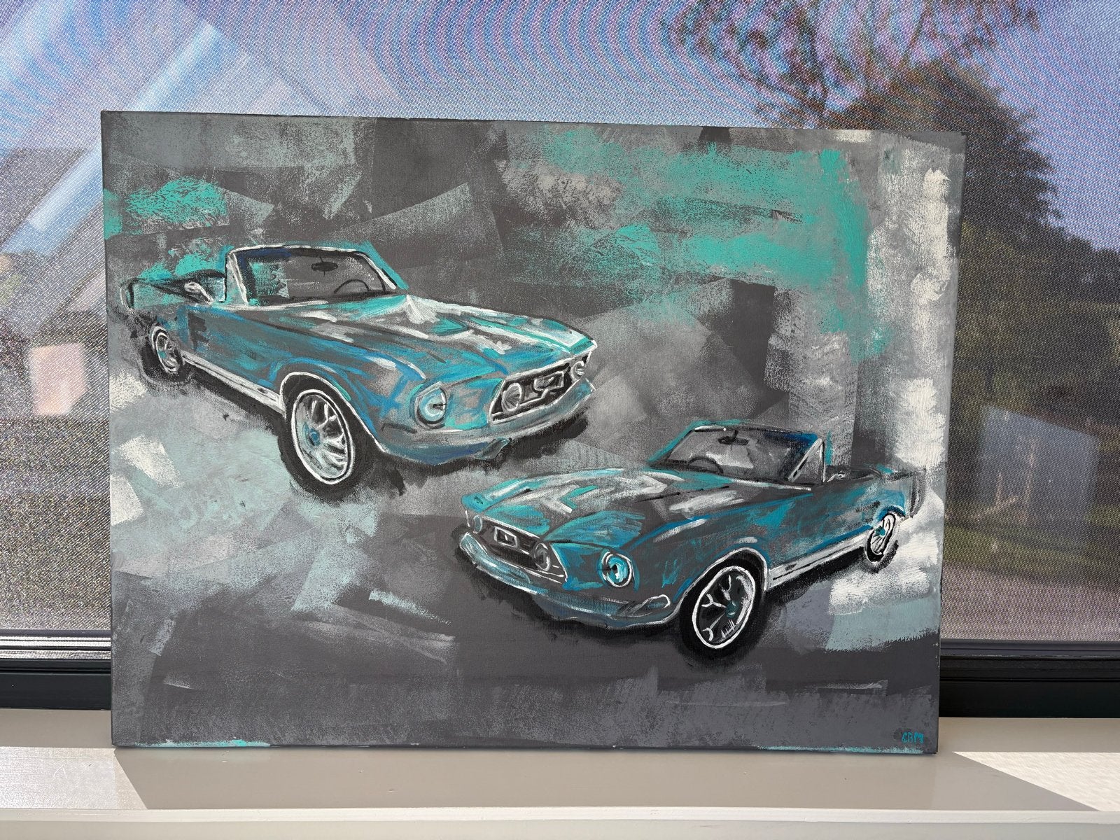 Modern Schilderij: Twee Klassieke Auto's in Turquoise, Antiek en Kunst, Acrylverf, Handgeschilderd, Textiel, Ophalen