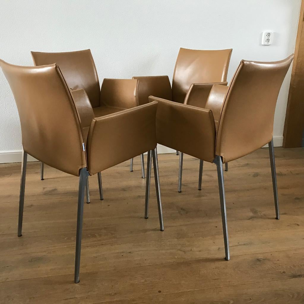 Set 4 IZGS Zanotta Lia Lea Lio design stoel bruin leer, Huis en Inrichting, Stoelen, Bruin, Leer, Ophalen of Verzenden, Zo goed als nieuw