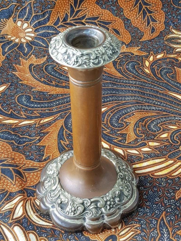 Mooie antieke Engelse kandelaar van koper en tin 19,5 cm., Ophalen of Verzenden, Koper of Brons