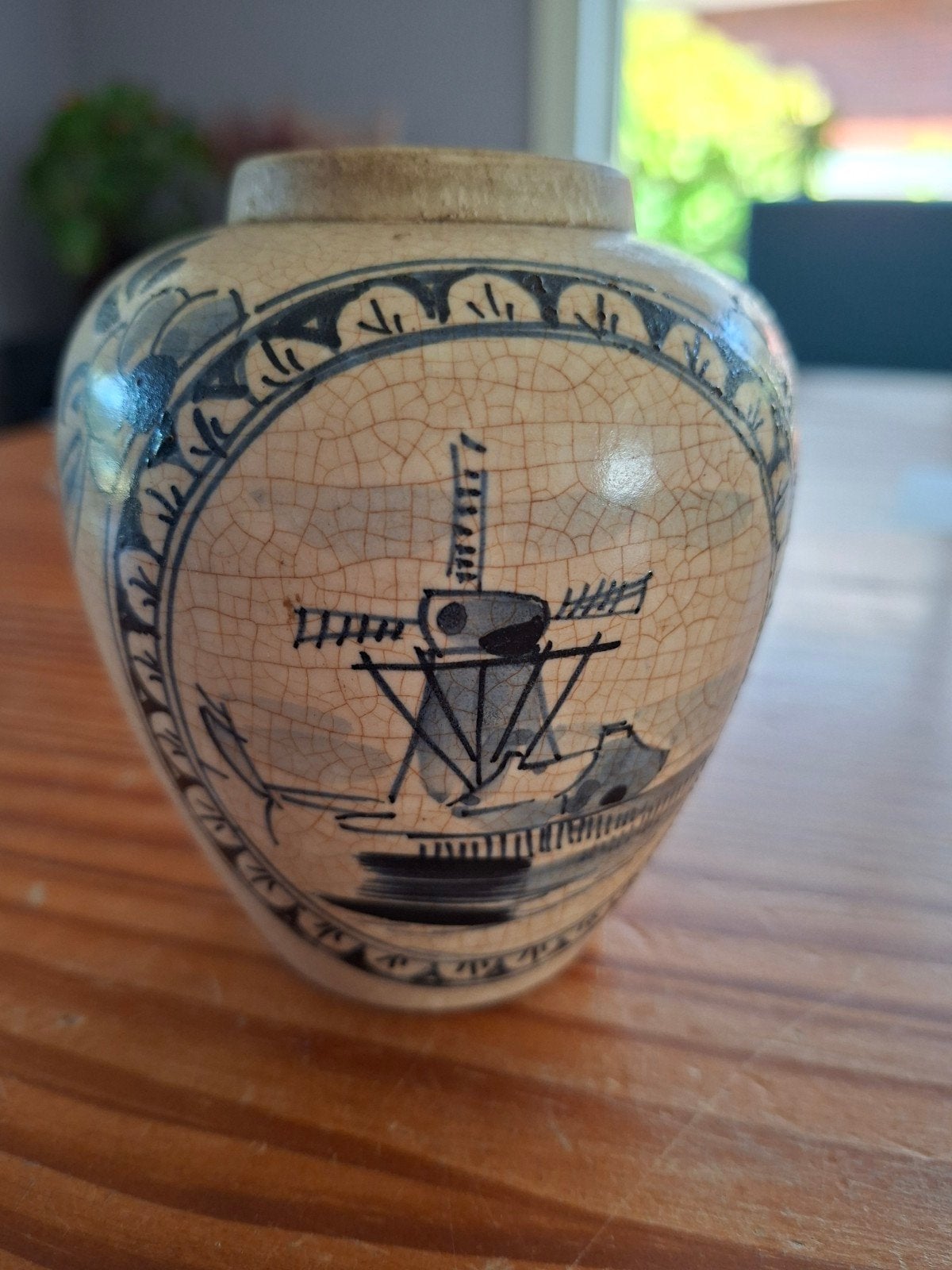 Antieke Hollandse gemberpot met molen decoratie, Antiek en Kunst, Ophalen of Verzenden