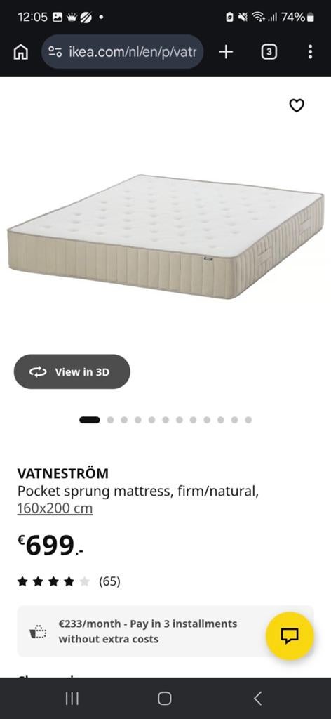 IKEA VATNESTRÖM Pocketveringmatras, stevig, 160x200 cm, Huis en Inrichting, Slaapkamer | Matrassen en Bedbodems, Tweepersoons
