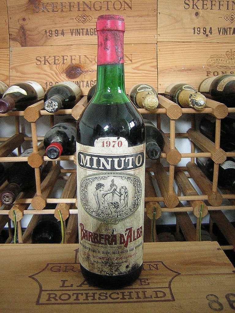 wijn 1970 Barbera D"Alba Minuto 56 Jaar Oude Ilaliaanse wijn, Verzamelen, Frankrijk, Nieuw, Ophalen of Verzenden, Rode wijn