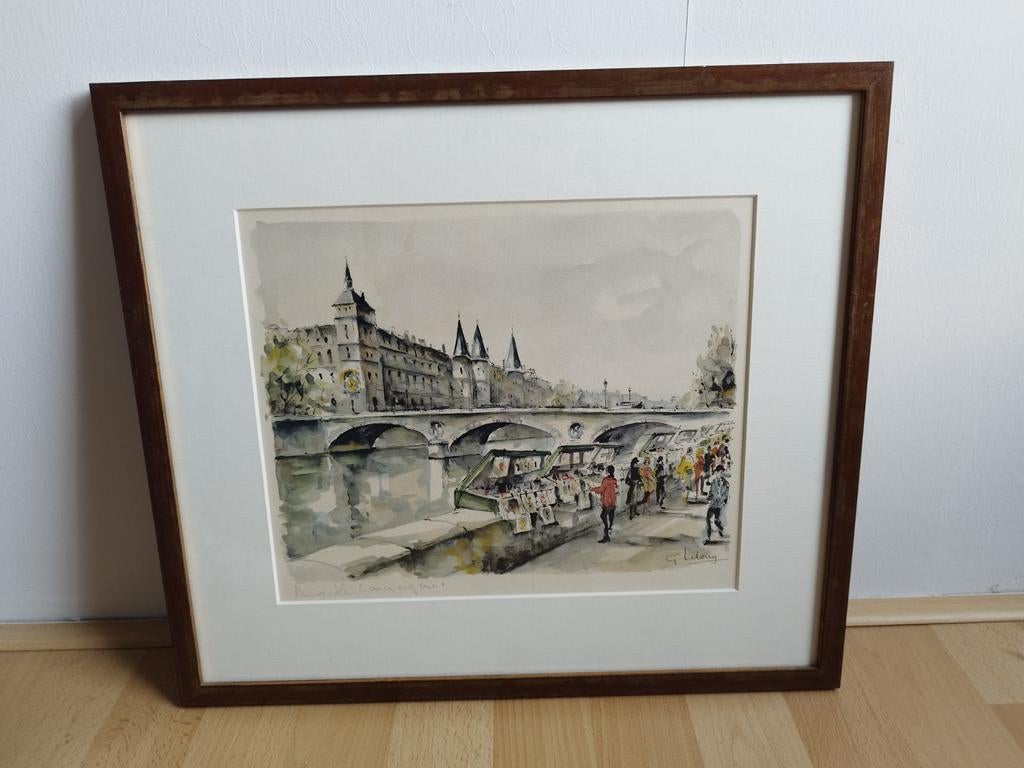 Aquarel G. Lelong - 'de Boekeniers' - Parijs, Antiek en Kunst, Kunst | Etsen en Gravures, Ophalen