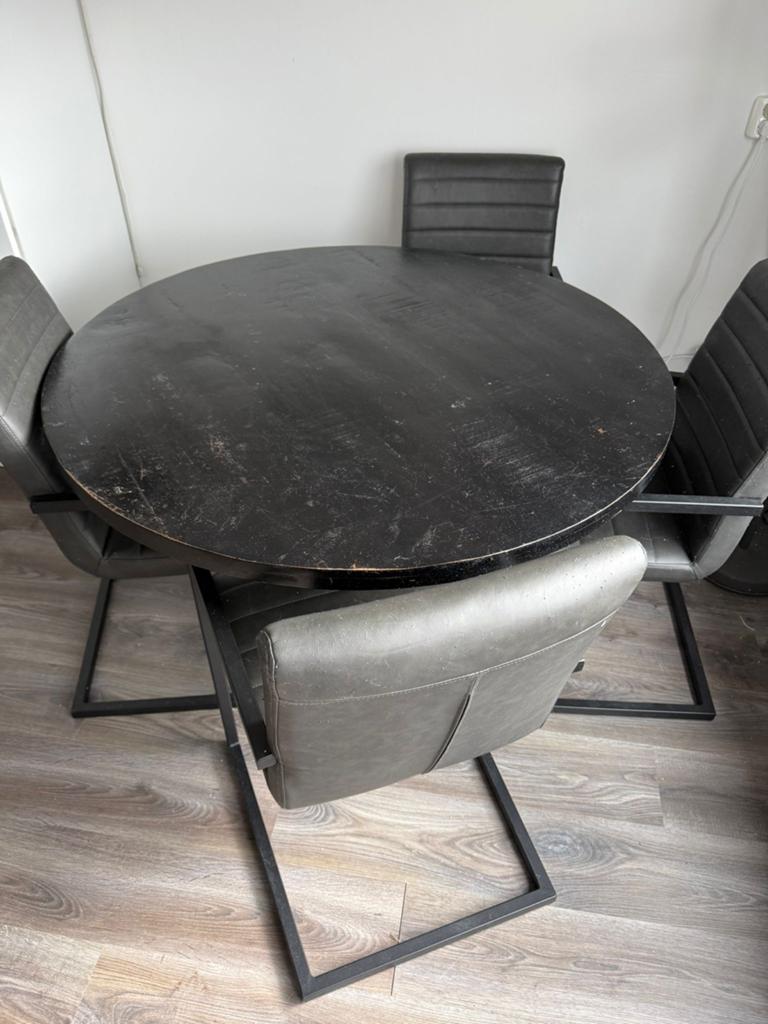 Eethoek met ronde tafel en 4 stoelen, Huis en Inrichting, Ophalen, Gebruikt, 100 tot 150 cm, Rond