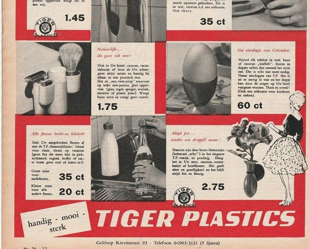 Retro reclame 1960 Tiger Plastics melkflessen dop zuivel, Verzamelen, Retro, Verzenden, Overige typen