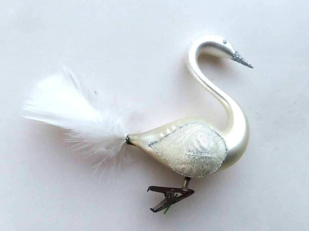 Kerstbal Vogel op knijper Zwaan Pluimstaart Vleugels zilver, Ophalen of Verzenden
