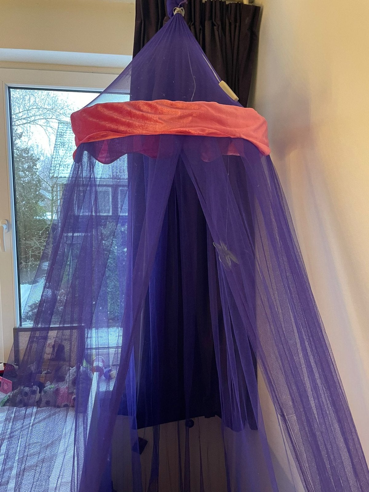 Paarse klamboe met roze accenten voor kinderbed, Paars, Ophalen of Verzenden, Zo goed als nieuw, Ophangbaar