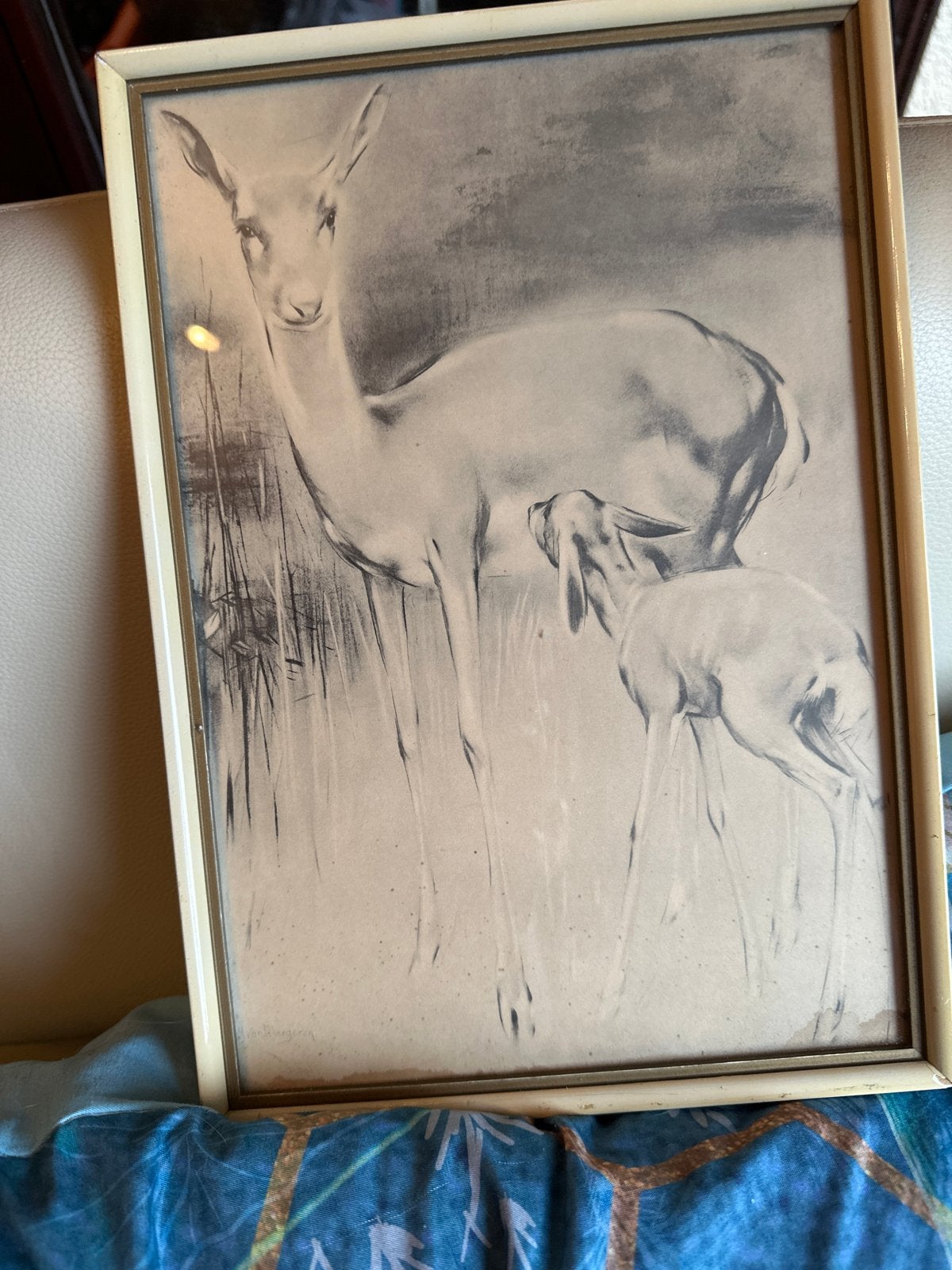 Schilderij van hert en kalf - 30x21cm, Ophalen, Schilderij, Overige technieken, Gesigneerd