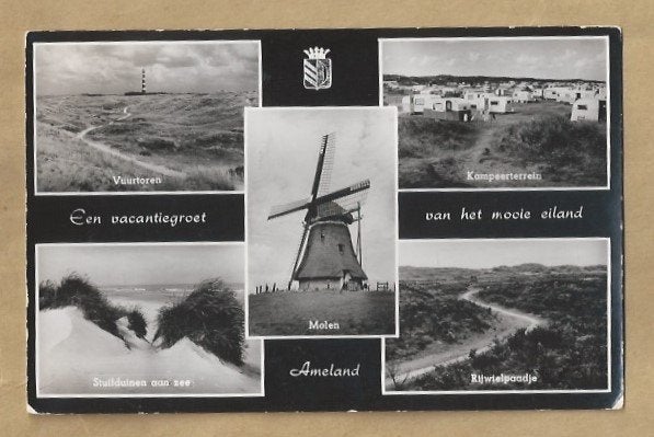 Oude ansichtkaart Ameland - Vuurtoren, Molen, Kampeerterrein, Ophalen of Verzenden, Voor 1920, Gelopen, Waddeneilanden
