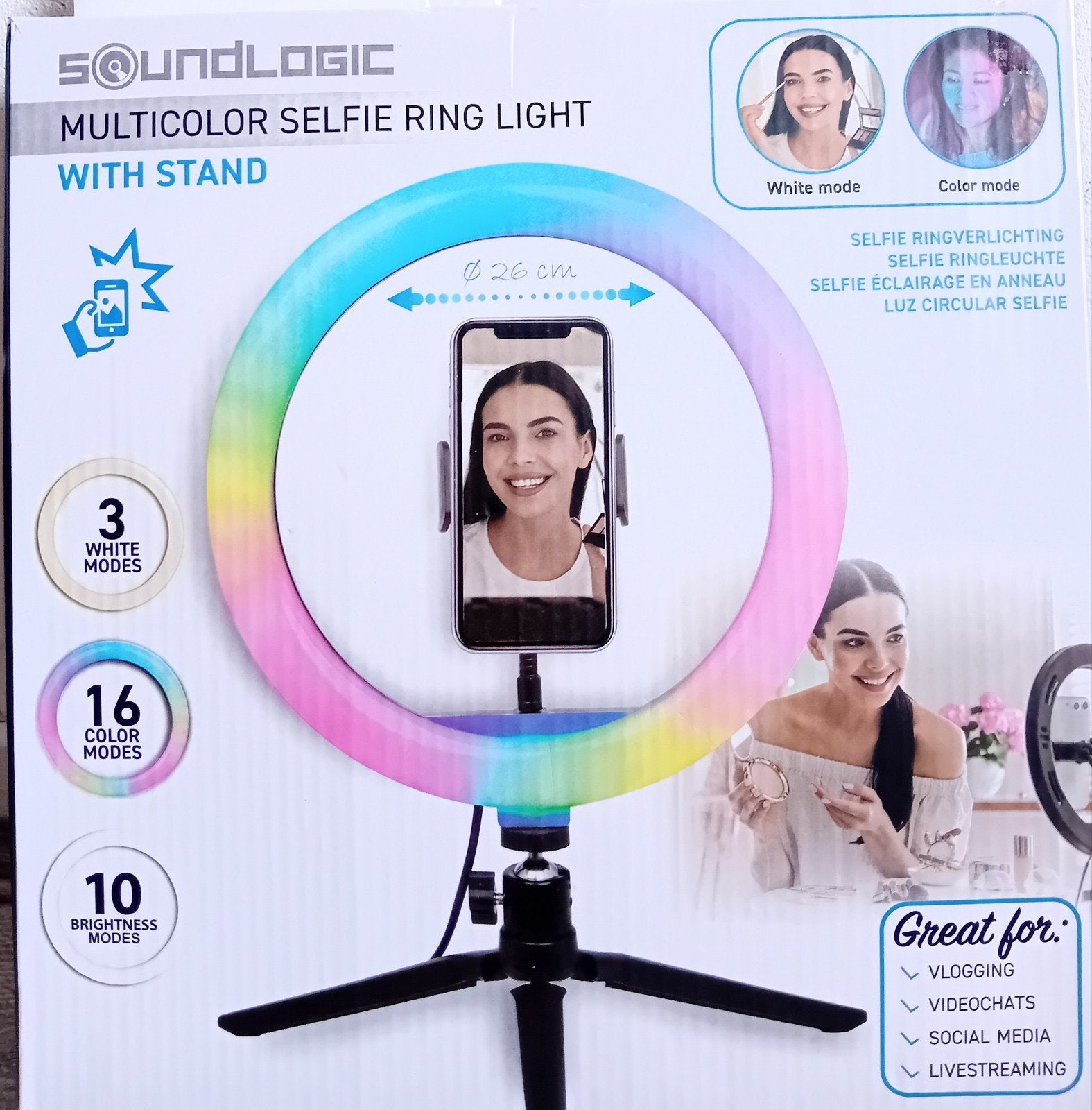 Soundlogic Multicolor Selfie Ringlamp met standaard. Nieuw!, Ophalen, Nieuw, Lamp of Flitsset