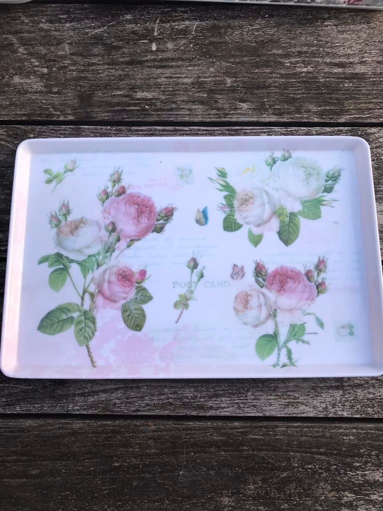 Engels dienblad met roze rozen, Ophalen of Verzenden, Zo goed als nieuw, Rechthoekig, Kunststof