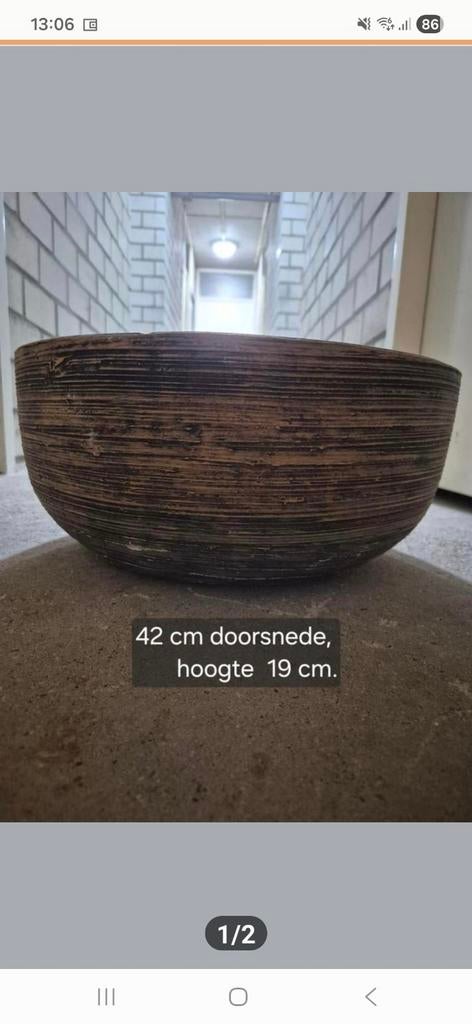 Grote bruine betonnen schaal - 42 cm doorsnede, tuinschaal, Ophalen, Gebruikt, Schaal, Rond
