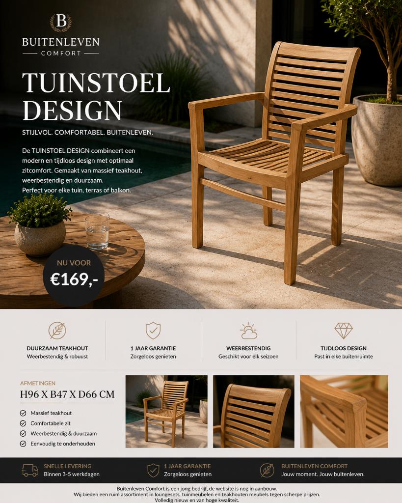 tuinstoel Design Teak, Ophalen, 7692 AH Marienberg, Buitenlevencomfort@gmail.com, Nieuw