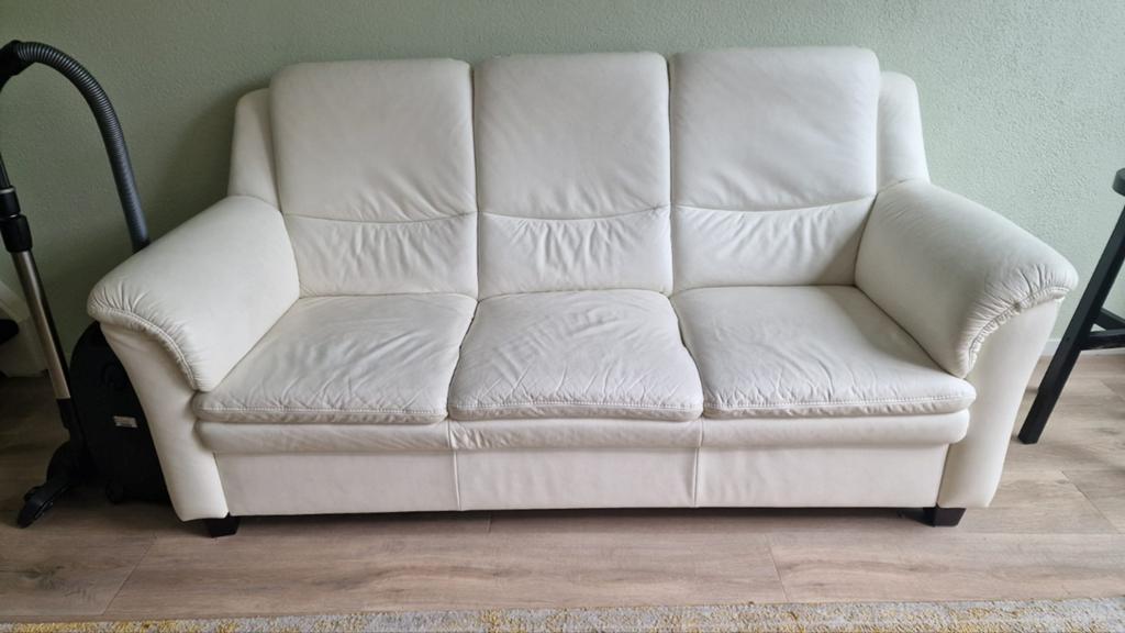 Set van 2 en 3-zits banken - Crèmekleurig/wit leer, Gebruikt, Overige maten, 150 tot 200 cm, Ophalen of Verzenden