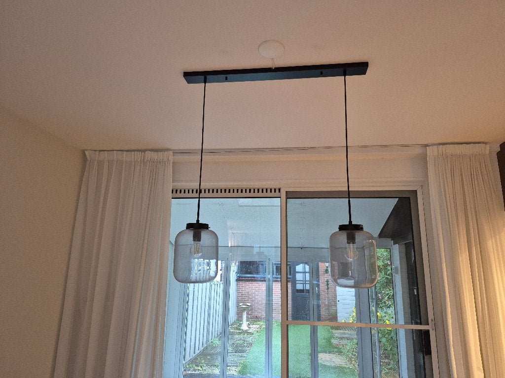 Hanglamp met 2 glazen bollen, Ophalen, Gebruikt, Glas, E27 (groot)
