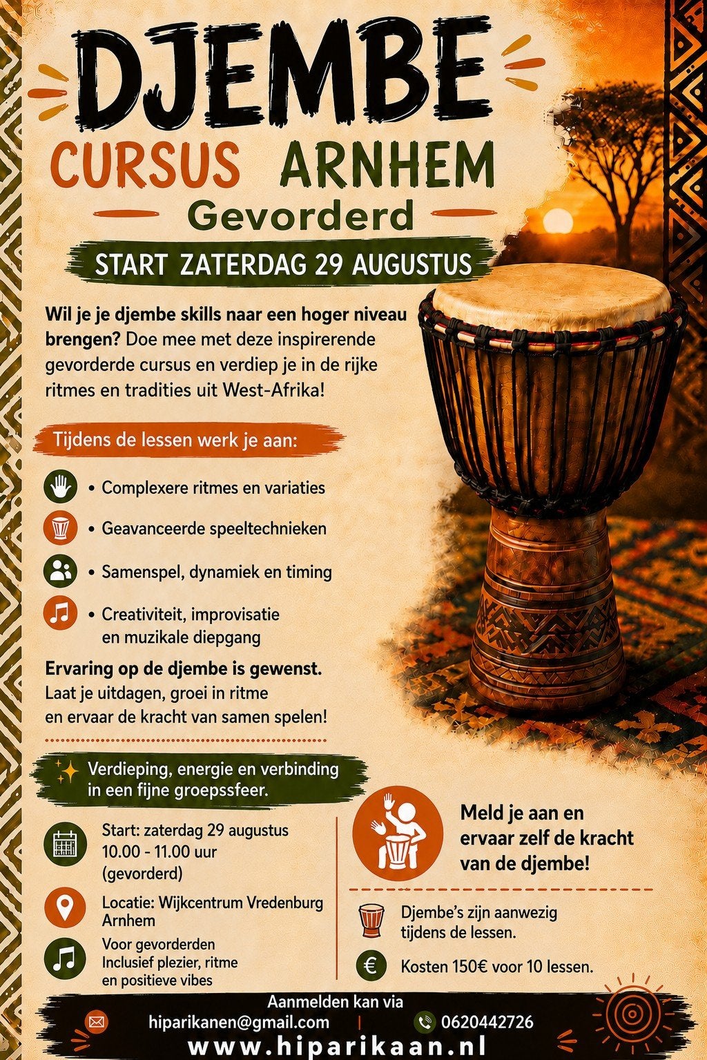Djembe cursus Arnhem za ochtend 10 uur, Ophalen of Verzenden, Nieuw, Overige typen
