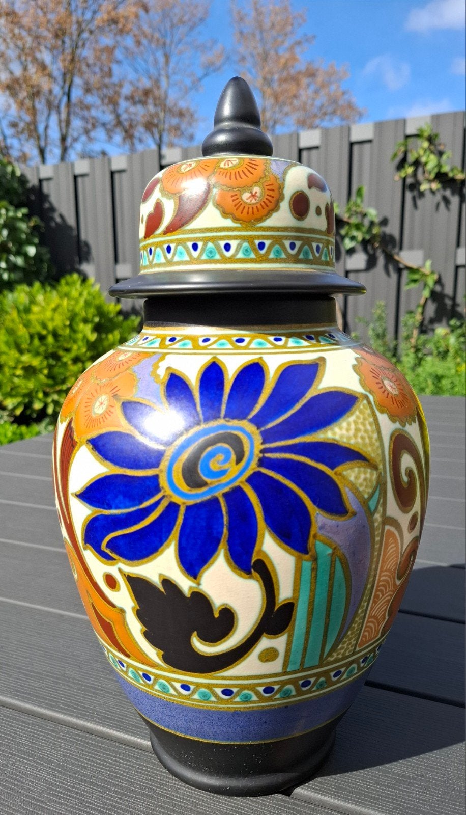 Zeldzaam mooie grote Gouda plateel dekselvaas, Antiek en Kunst, Ophalen of Verzenden