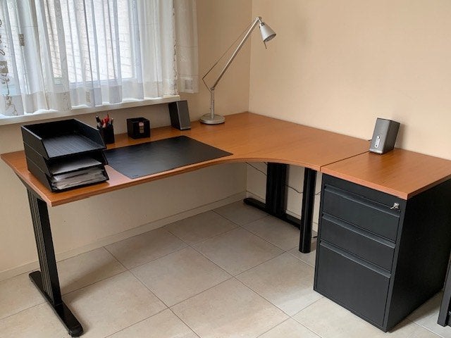 wingtafel bureau hoektafel hoekbureau container ladekast, Ophalen, Hout, Bruin, Zo goed als nieuw
