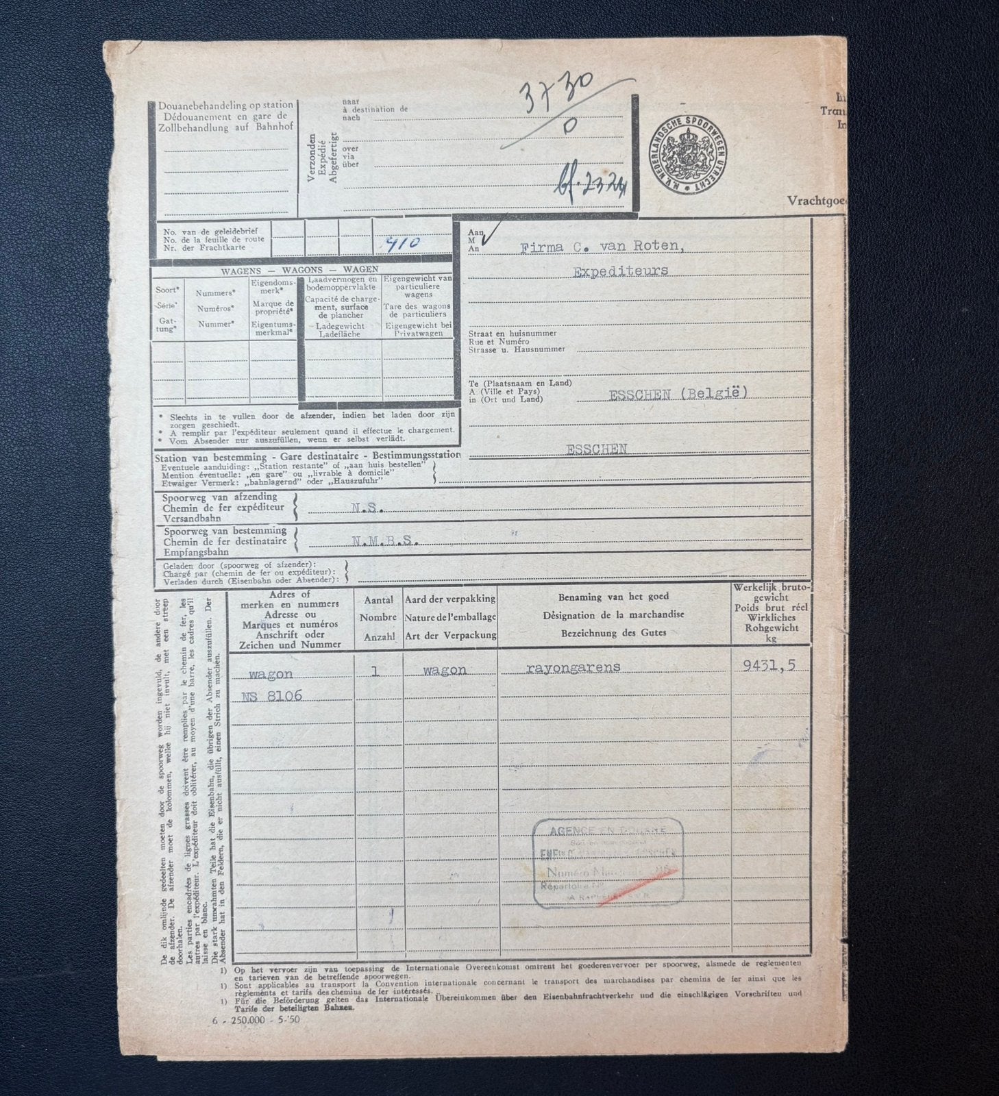 Vrachtbrief rayongarens van Roosendaal naar Essen (1950), Ophalen of Verzenden, Gebruikt, Trein