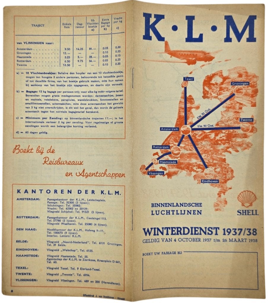 Flyer  KLM Binnenlandsche Luchtlijnen Winterdienst (1937/38), Ophalen of Verzenden, Zo goed als nieuw, Kaart, Foto of Prent