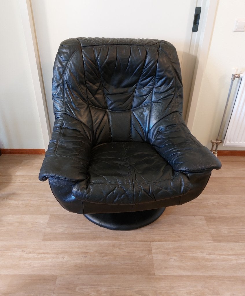 Zwart leren fauteuil/makkelijke stoel, Ophalen, Gebruikt, Minder dan 75 cm, Leer