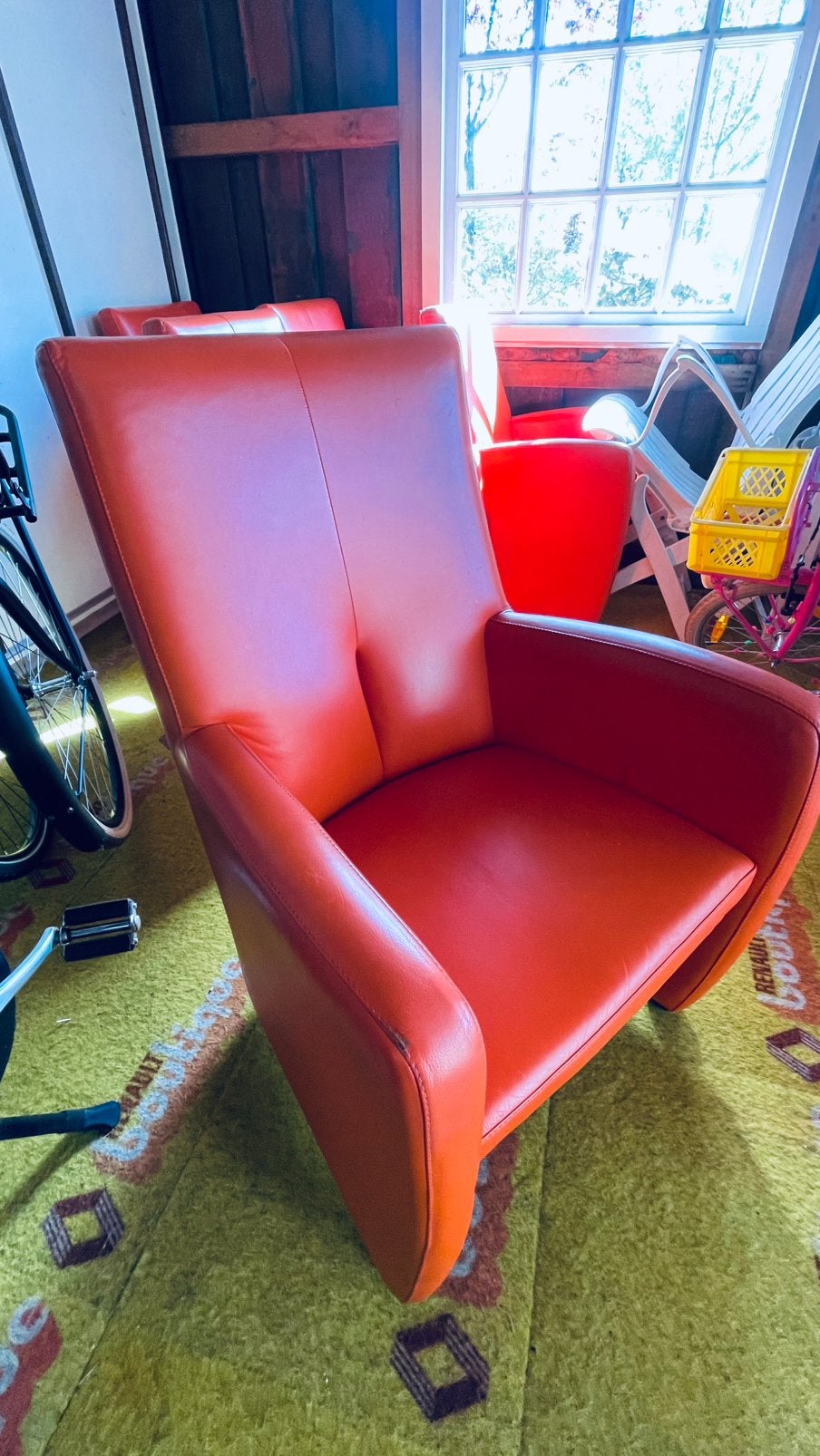 Leolux Designstoel Oranje Leer, Huis en Inrichting, Fauteuils, Ophalen, Gebruikt, Luxueus, Minder dan 75 cm