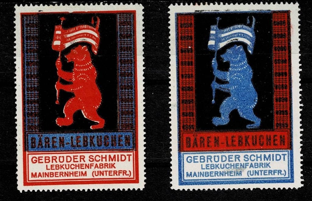 2 sluitzegels Duitsland BÄREN LEBKUCHEN, Ophalen of Verzenden, Overige thema's