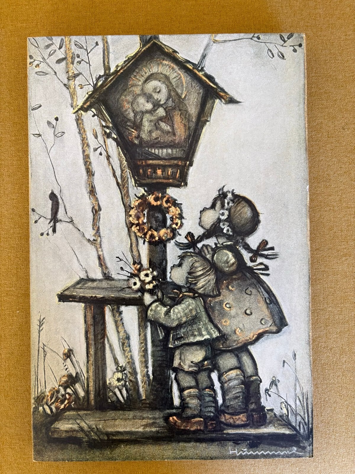 Vintage Hummel Prent: Kinderen bij Mariabeeld, Antiek en Kunst, Ophalen of Verzenden