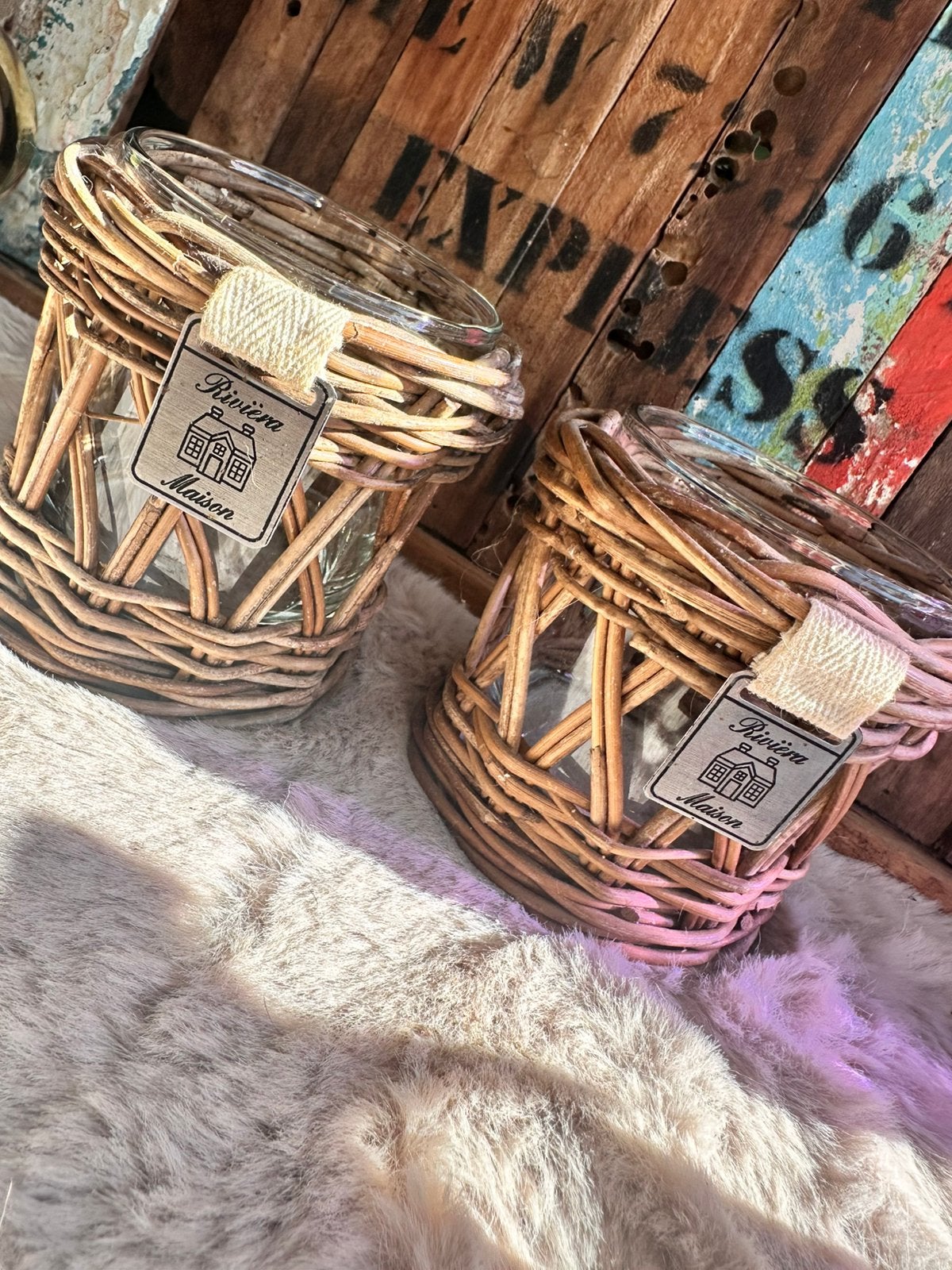 Set van 2 Rivièra Maison Rustic Rattan Waxinelichthouders, Huis en Inrichting, Ophalen of Verzenden, Zo goed als nieuw, Rivièra Maison