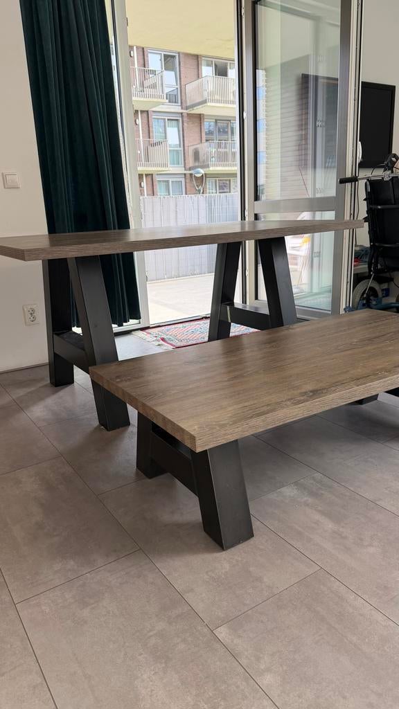 Eettafel en salontafel set - Houtlook & Zwart, Gebruikt, 150 tot 200 cm, Vier personen, Rechthoekig