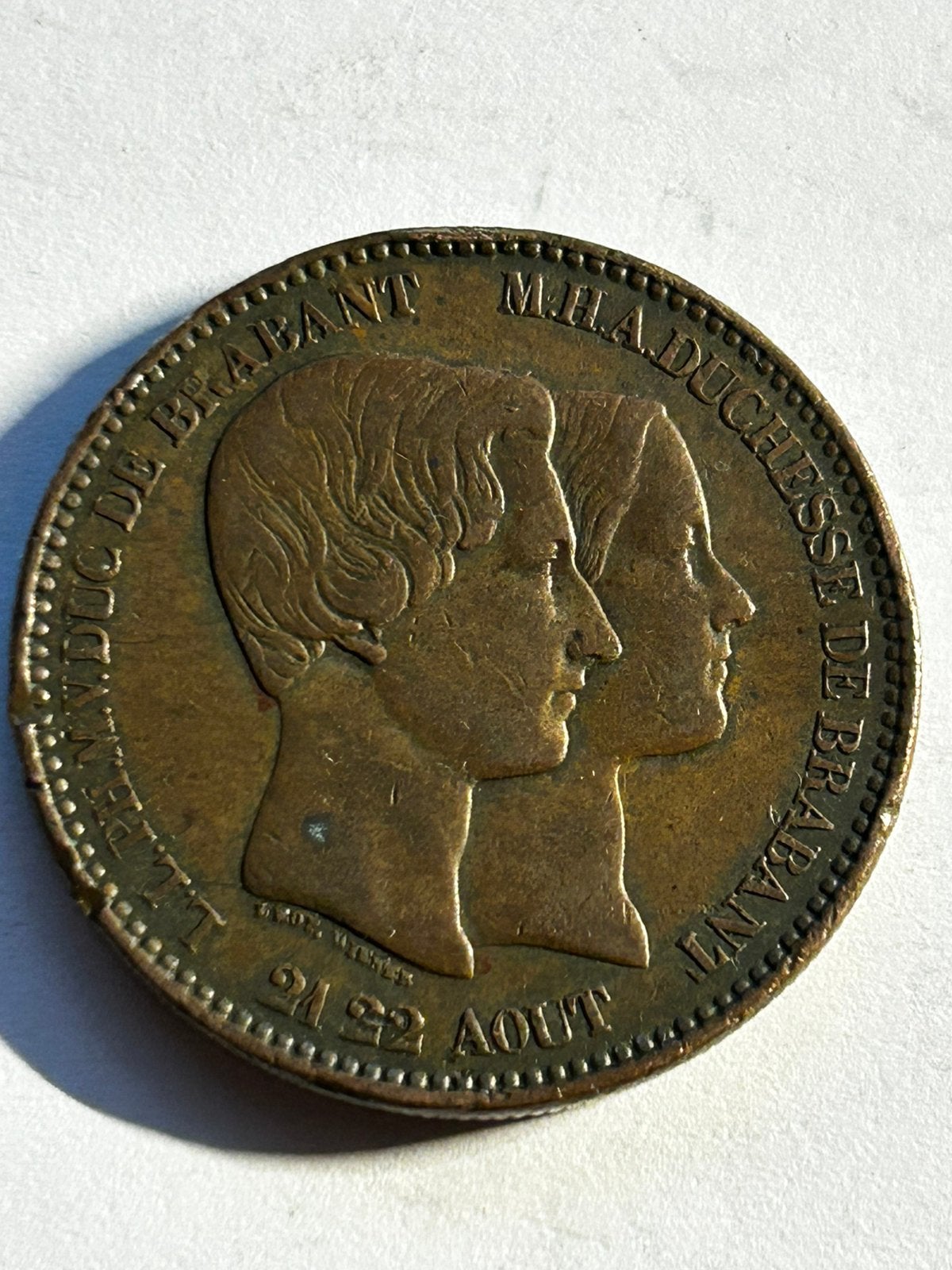 Zeldzame 10 Centimes 1853 België - Huwelijk Hertog Brabant, Ophalen of Verzenden, Brons, Losse munt