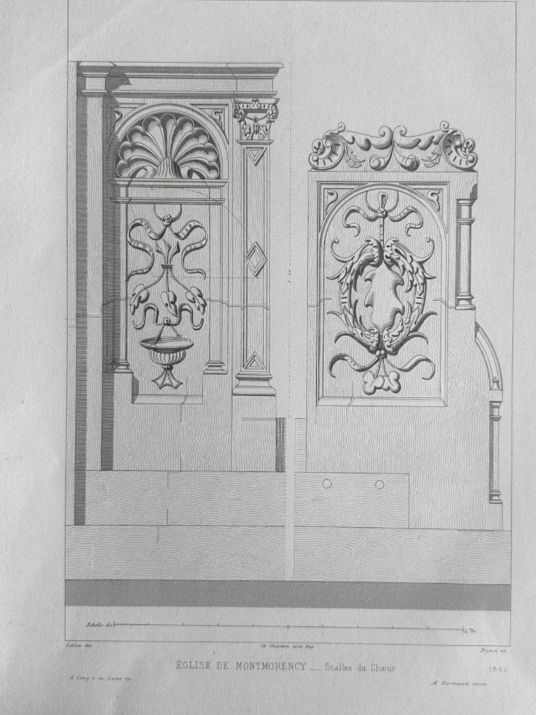 Antieke staalgravures, set van 2 - koorbanken Montmorency, Verzenden, Architectuur, Gravure, Blanco verso