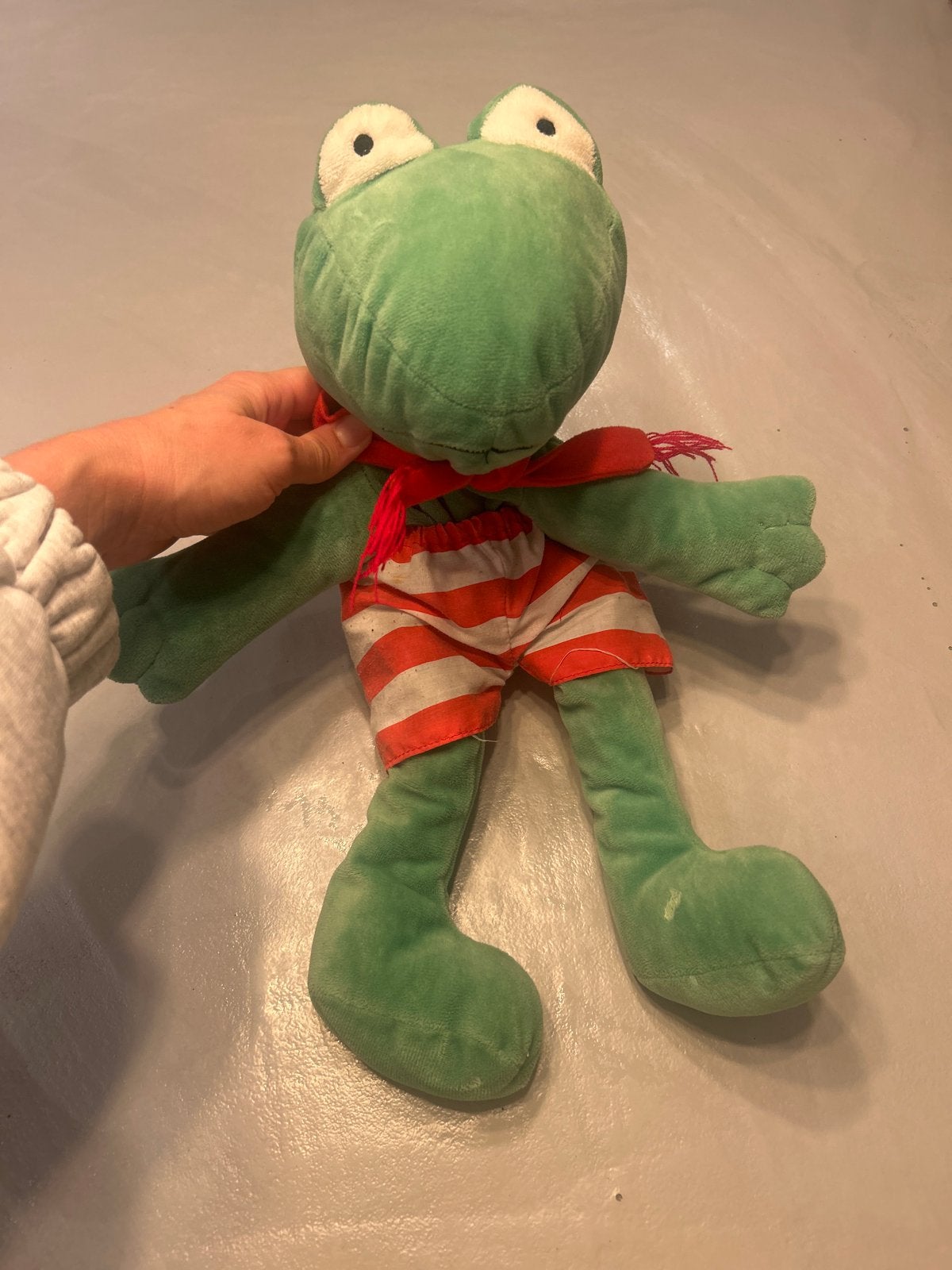 Leuke groene handpop kikker knuffel met zwembroek en sjaal, Kikker, Ophalen of Verzenden, Met kleding of accessoire, Gebruikt